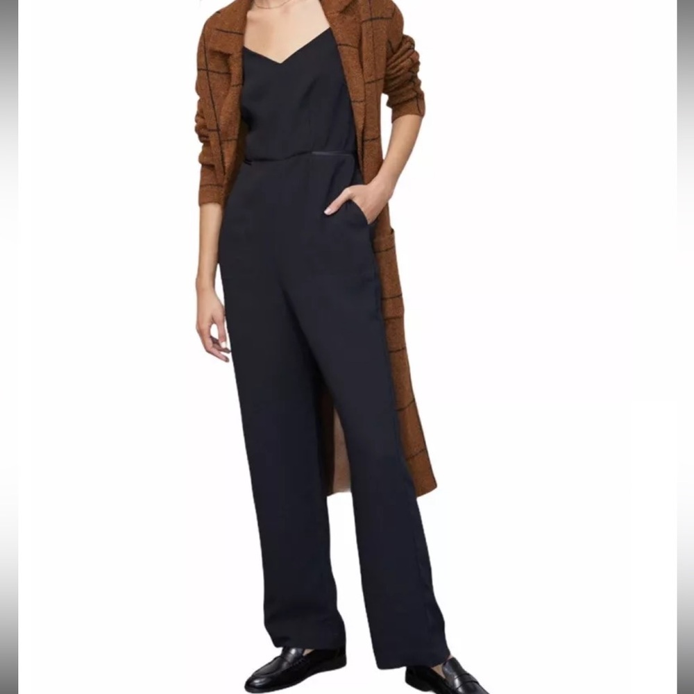 Anthropologie Maeve Magdalena Black Sz 2 Wide Leg Tuxedo Jumpsuit Romper Pockets